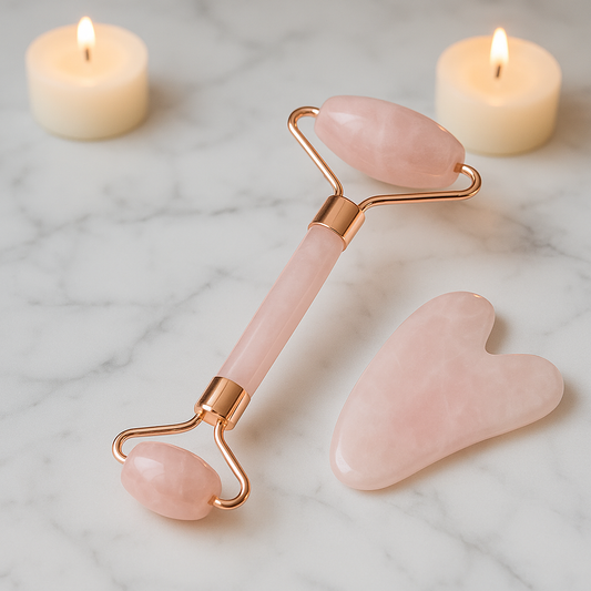 Pink rose quartz facial roller and heart-shaped gua sha tool.