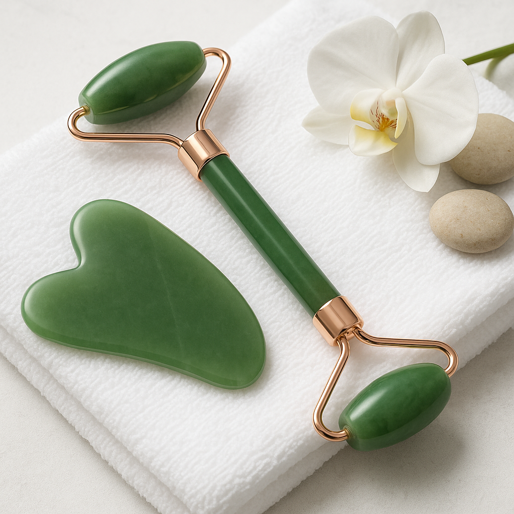 Green jade face roller and gua sha tool on spa towel with orchid decor.