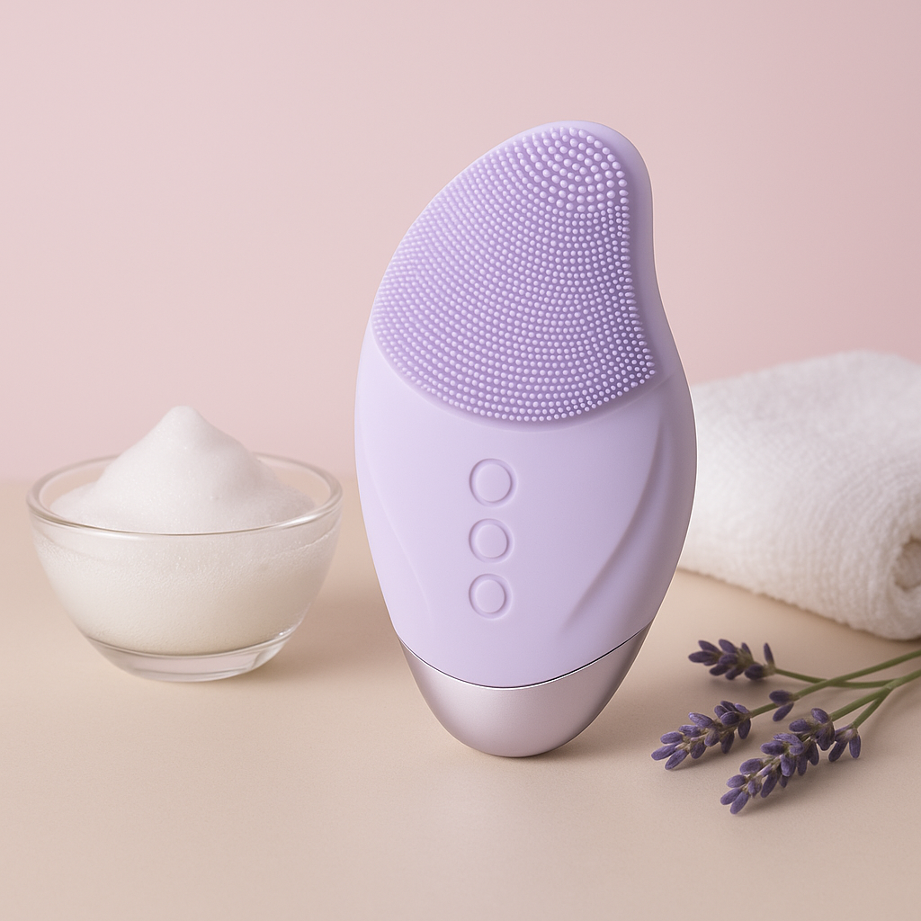 Lavender silicone facial cleansing brush with soft bristles and three-button control design.