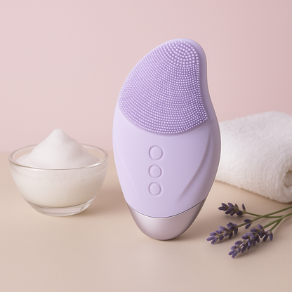 Lavender silicone facial cleansing brush with soft bristles and three-button control design.