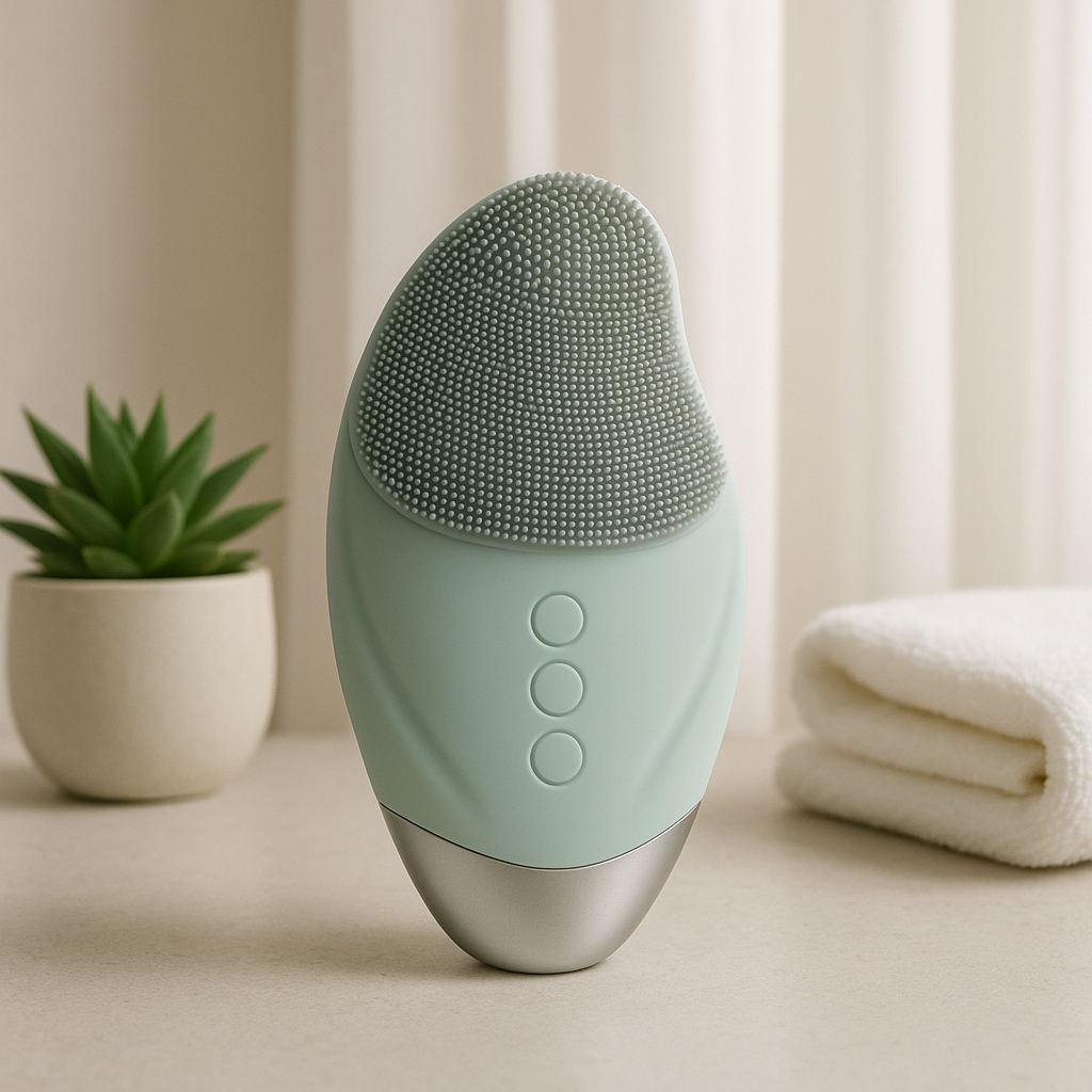 Green silicone facial cleansing brush with soft bristles and three-button control design.