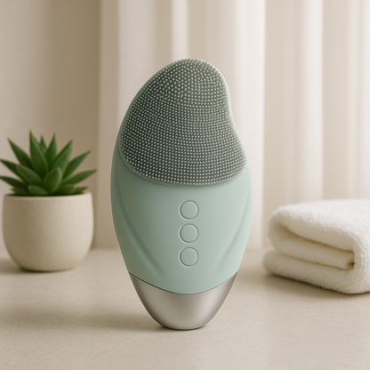 Green silicone facial cleansing brush with soft bristles and three-button control design.