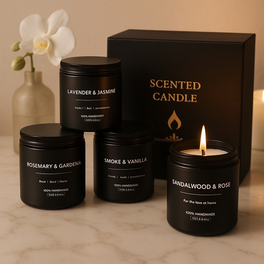 Set of four black luxury scented candles with minimalist labels in gift box.
