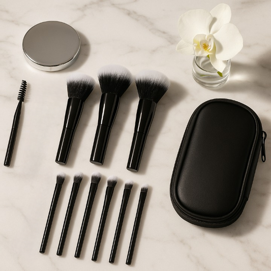 Sleek black professional brush set with dual-fiber bristles and a zippered carry case.