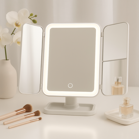  Tri-fold LED lighted vanity mirror with touch sensor and magnifying side panels.