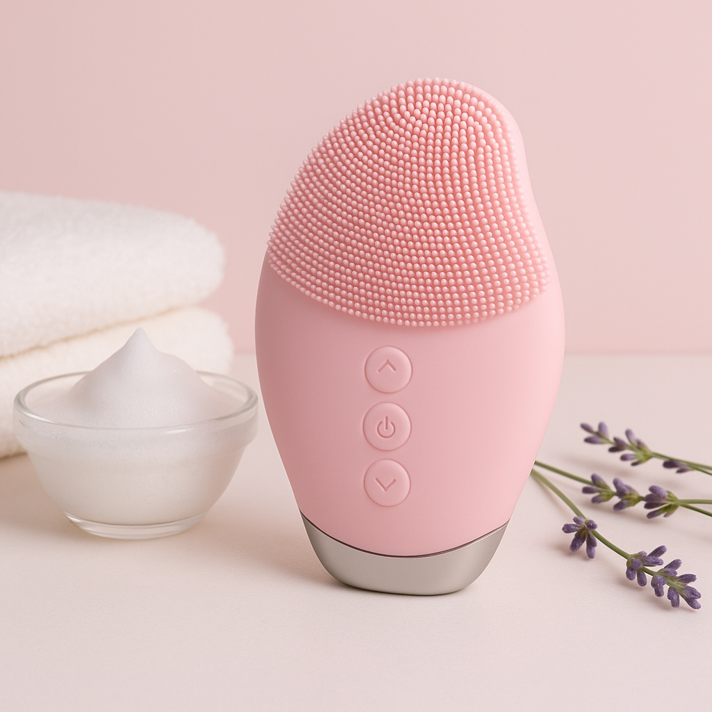 Pink silicone facial cleansing brush with soft bristles and three-button control design.